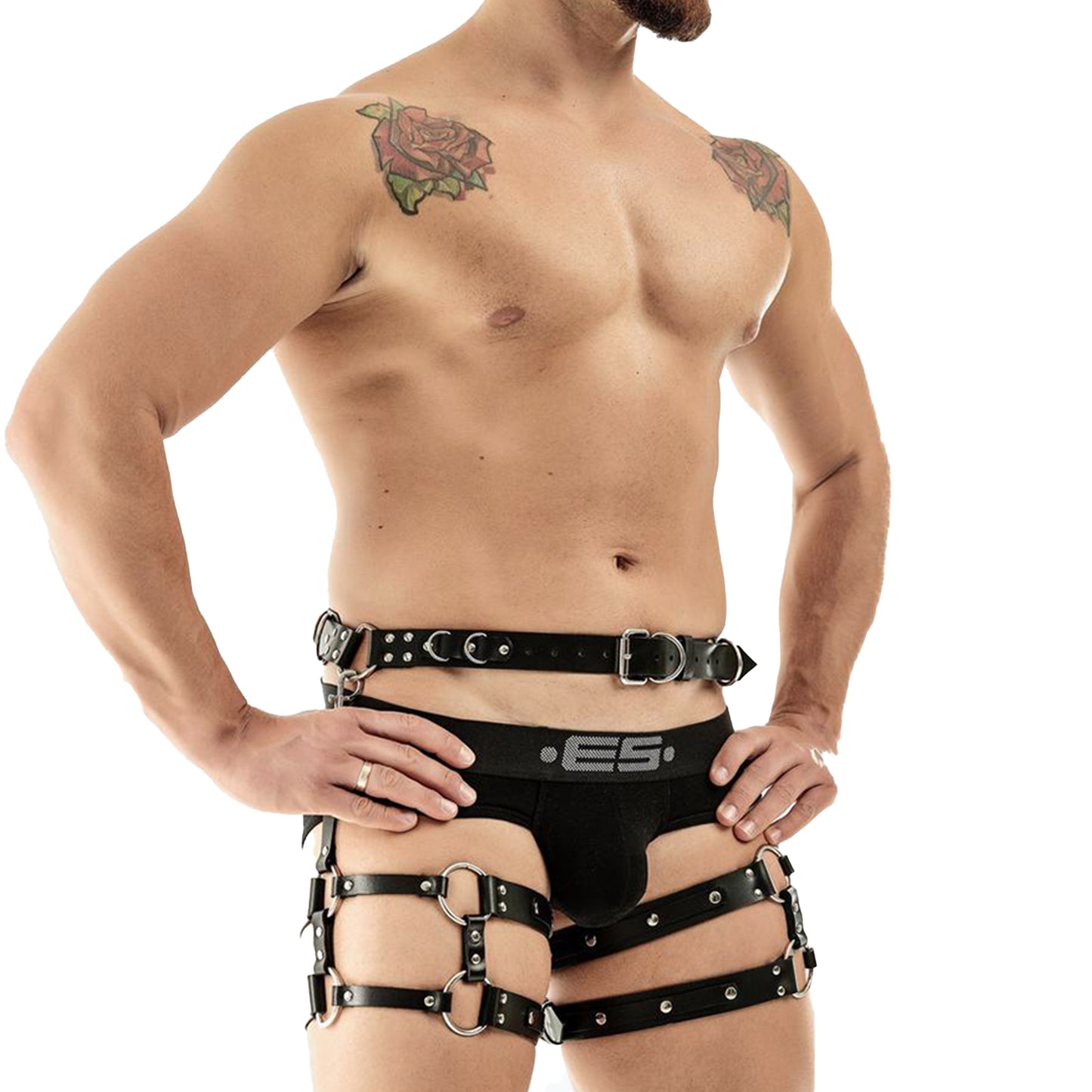 QUTOYS Punk Leather Chained Leg Harness Belt  Black